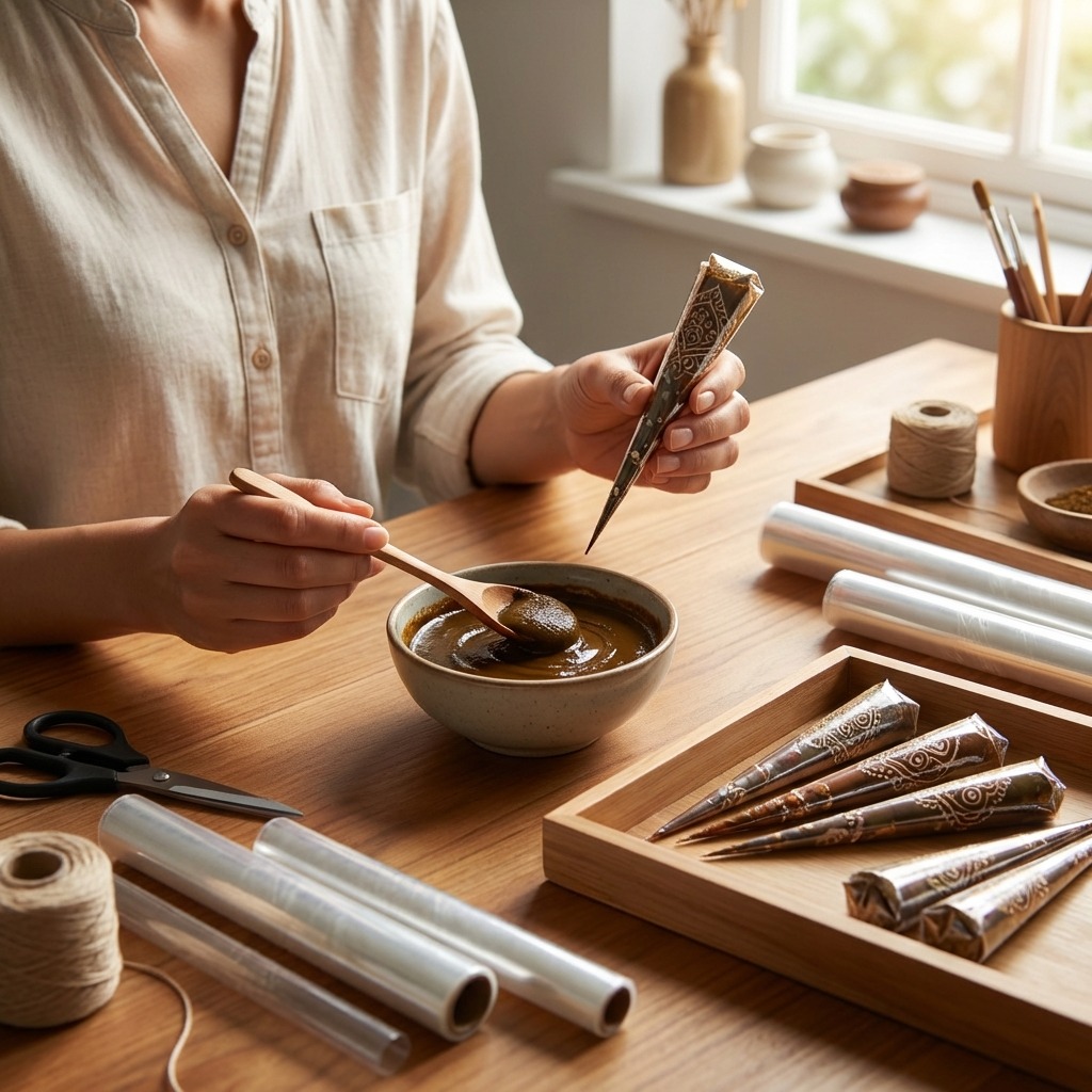Preparing mehndi paste and cones